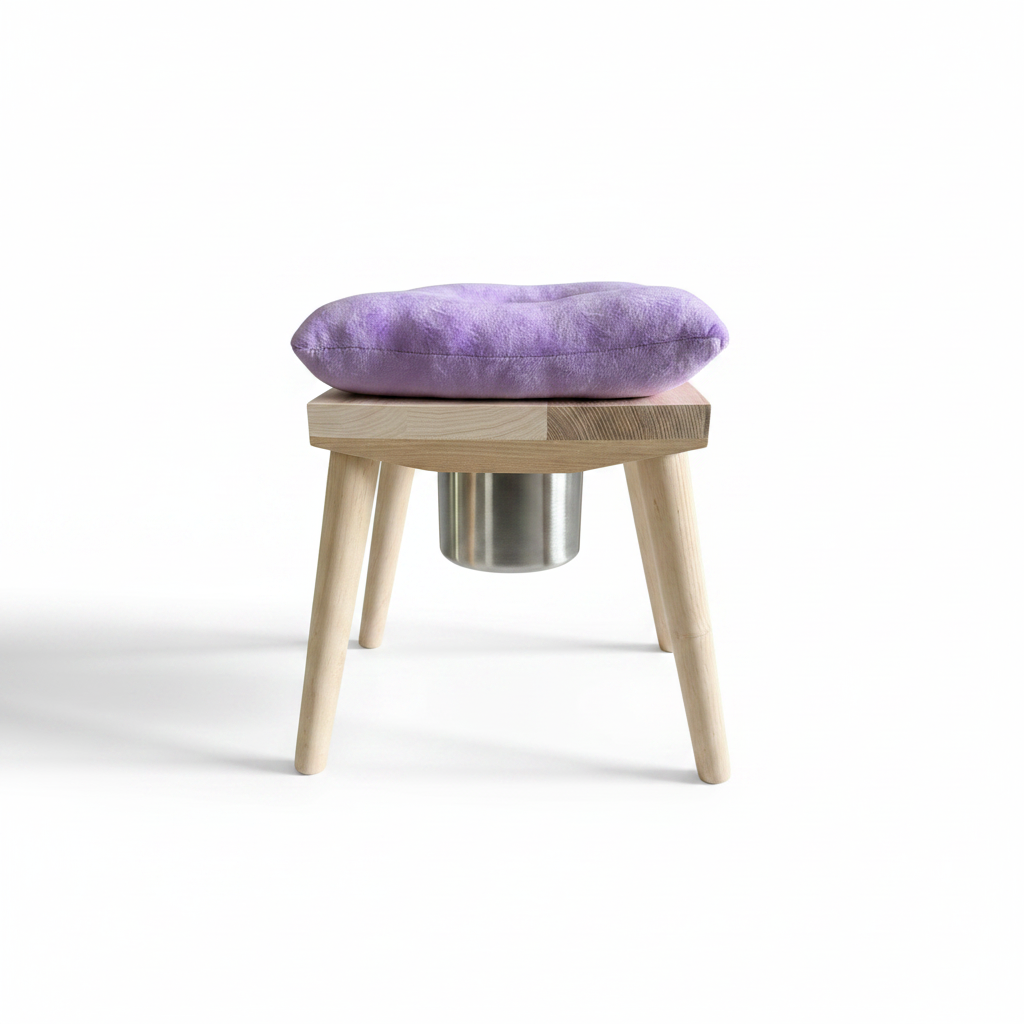 Stool with a purple cushion on a white background
