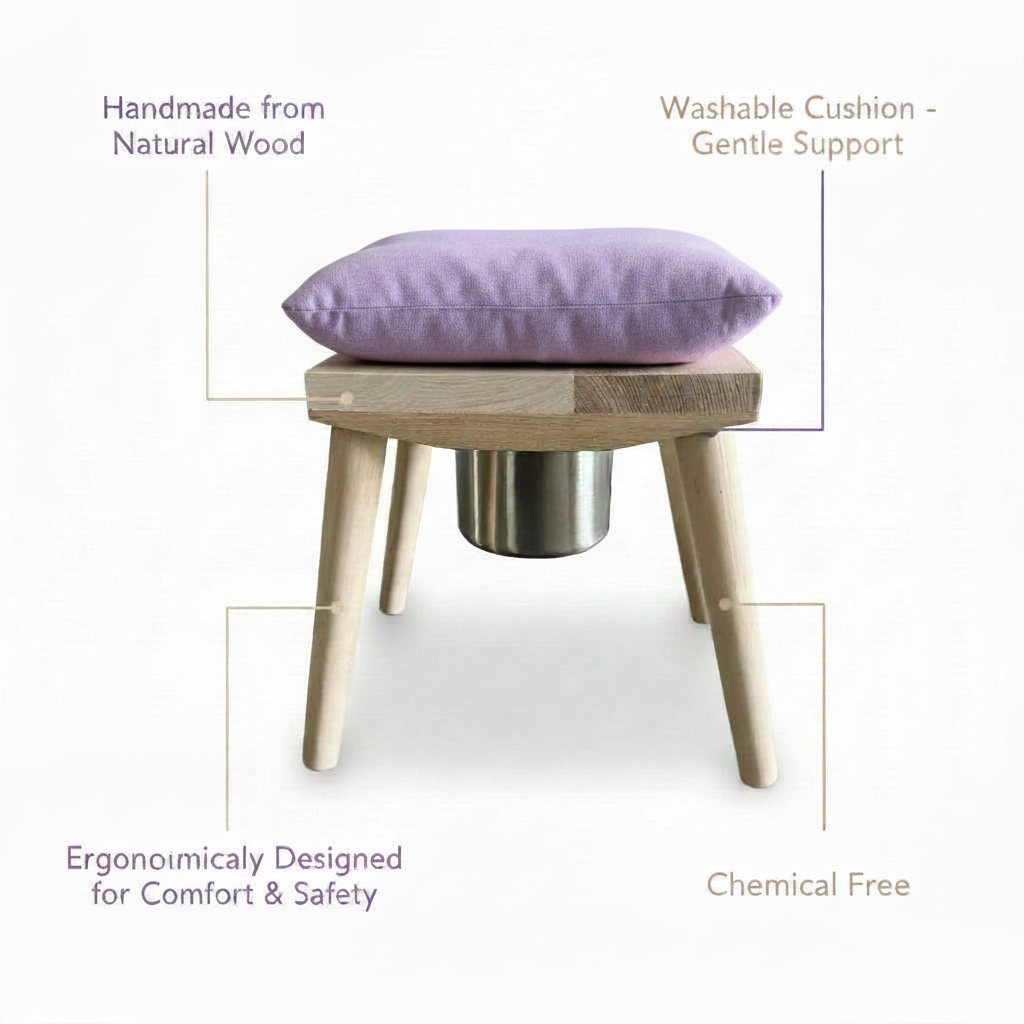 Wooden stool with a purple cushion on a white background, featuring text about its features.
